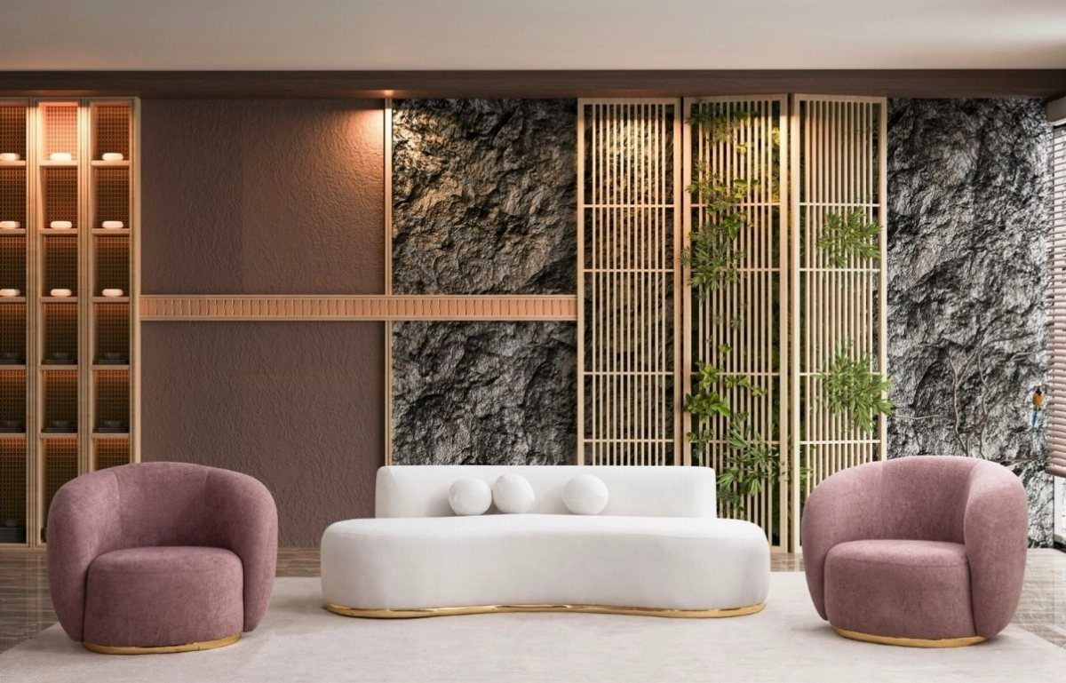 Mauve velvet armchairs and a white curved sofa arranged in a modern living room setting.