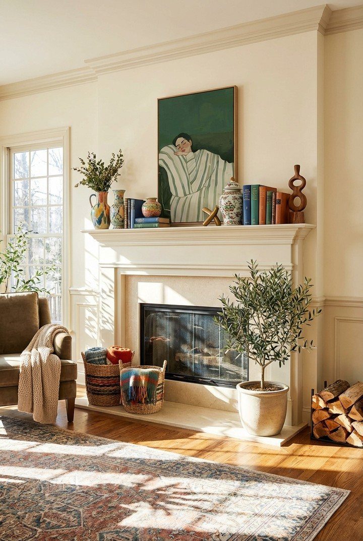 White mantelpiece decorated with books and art above a black fireplace in a sunlit room.