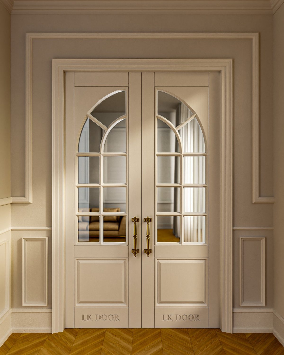White arched French doors with gold handles set in a paneled wall.