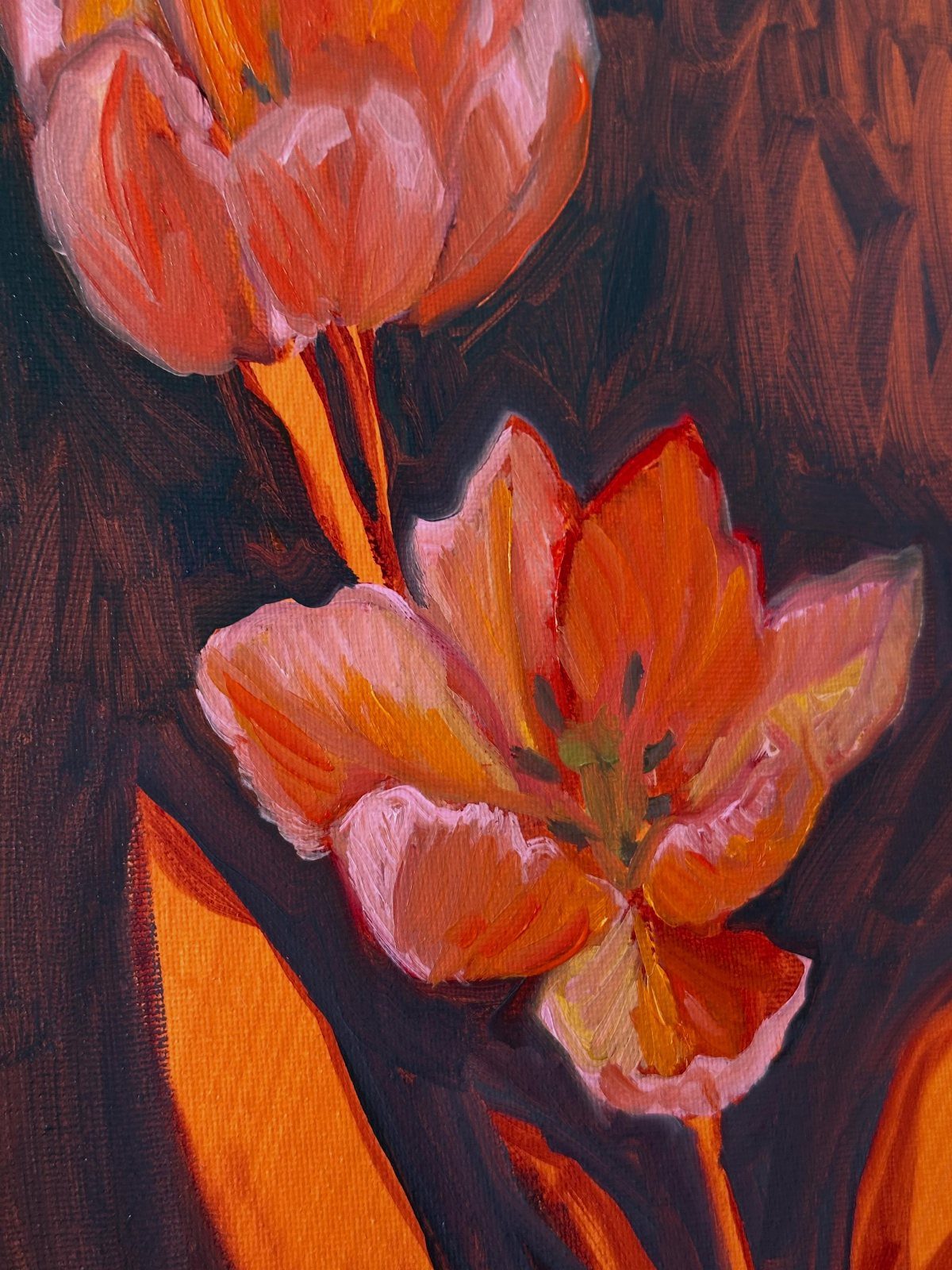 Oil painting of bright orange and pink tulips with visible textured brushstrokes.