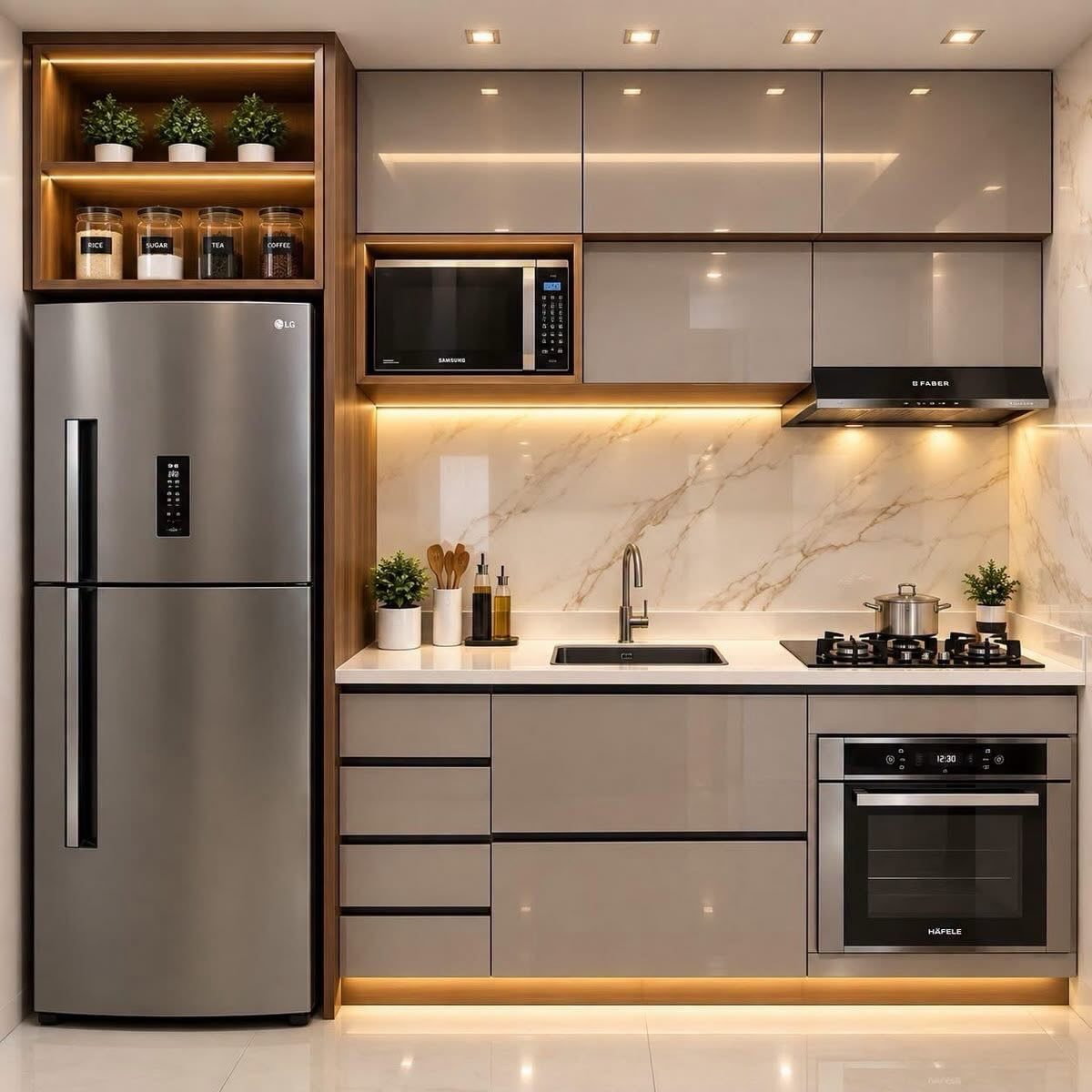 Modern kitchen with a stainless steel refrigerator built into a custom wooden cabinet surround.