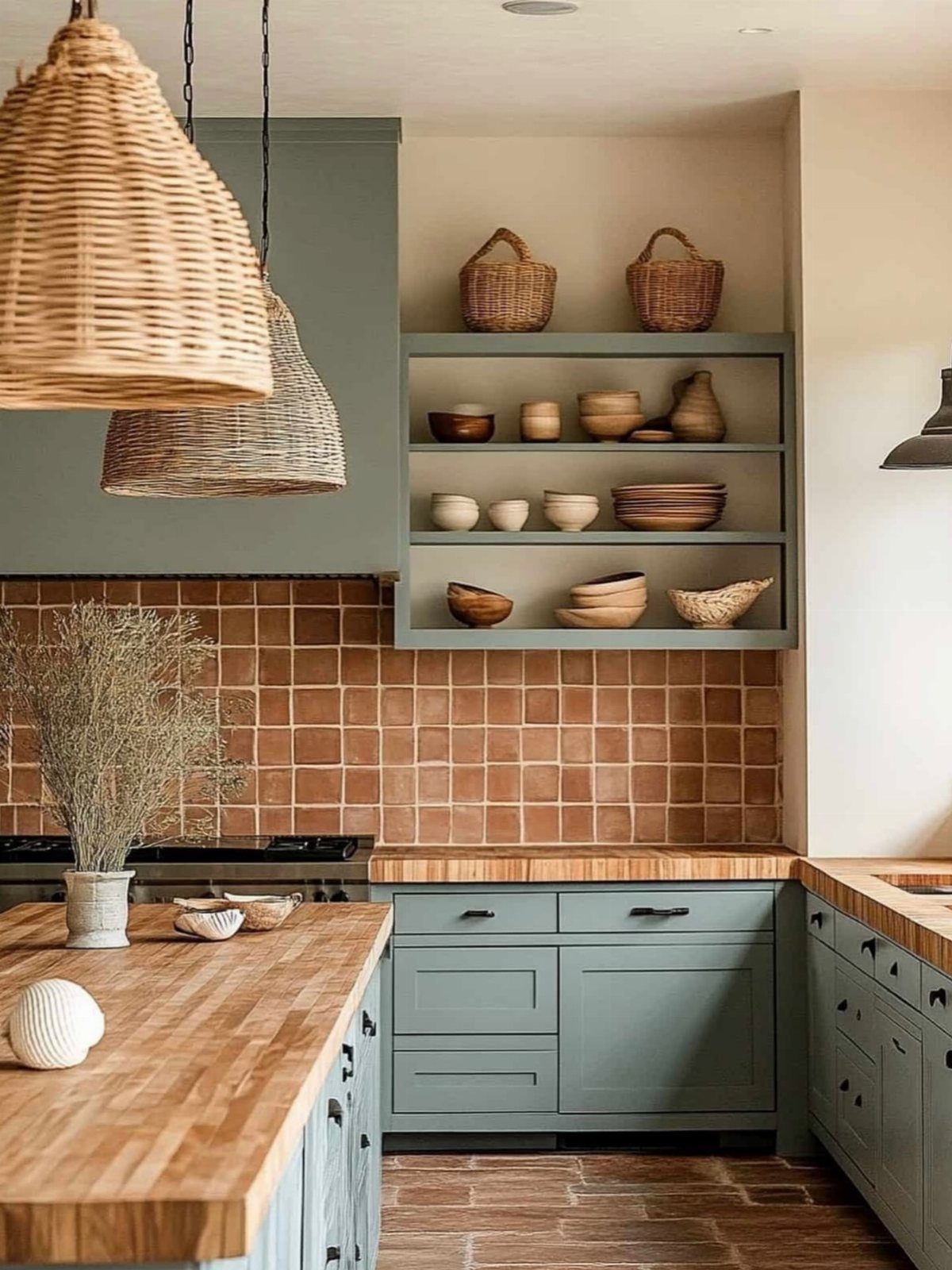 Sage green open shelving displaying wooden bowls and woven baskets in a kitchen.