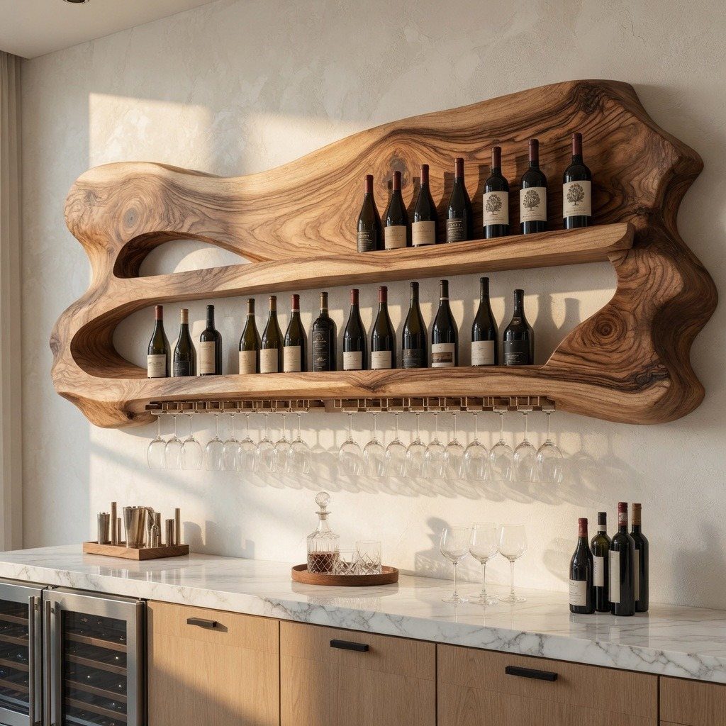 Live-edge wooden wine rack with bottles and hanging glasses mounted on a wall above a marble counter.