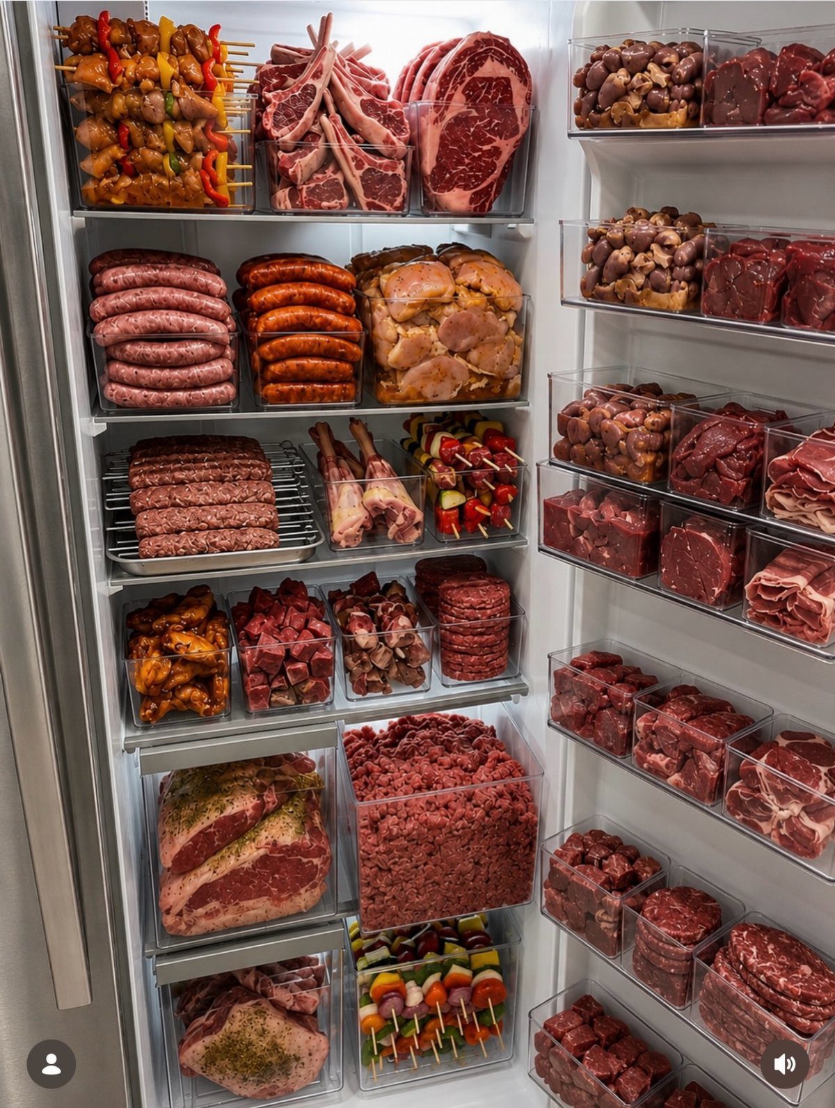 Organized raw meats including beef, chicken, and sausages stored in clear containers inside a refrigerator.