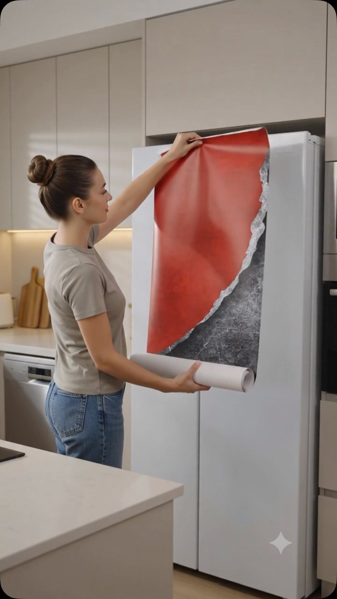 A woman applying a red peel and stick vinyl wrap to a white refrigerator.