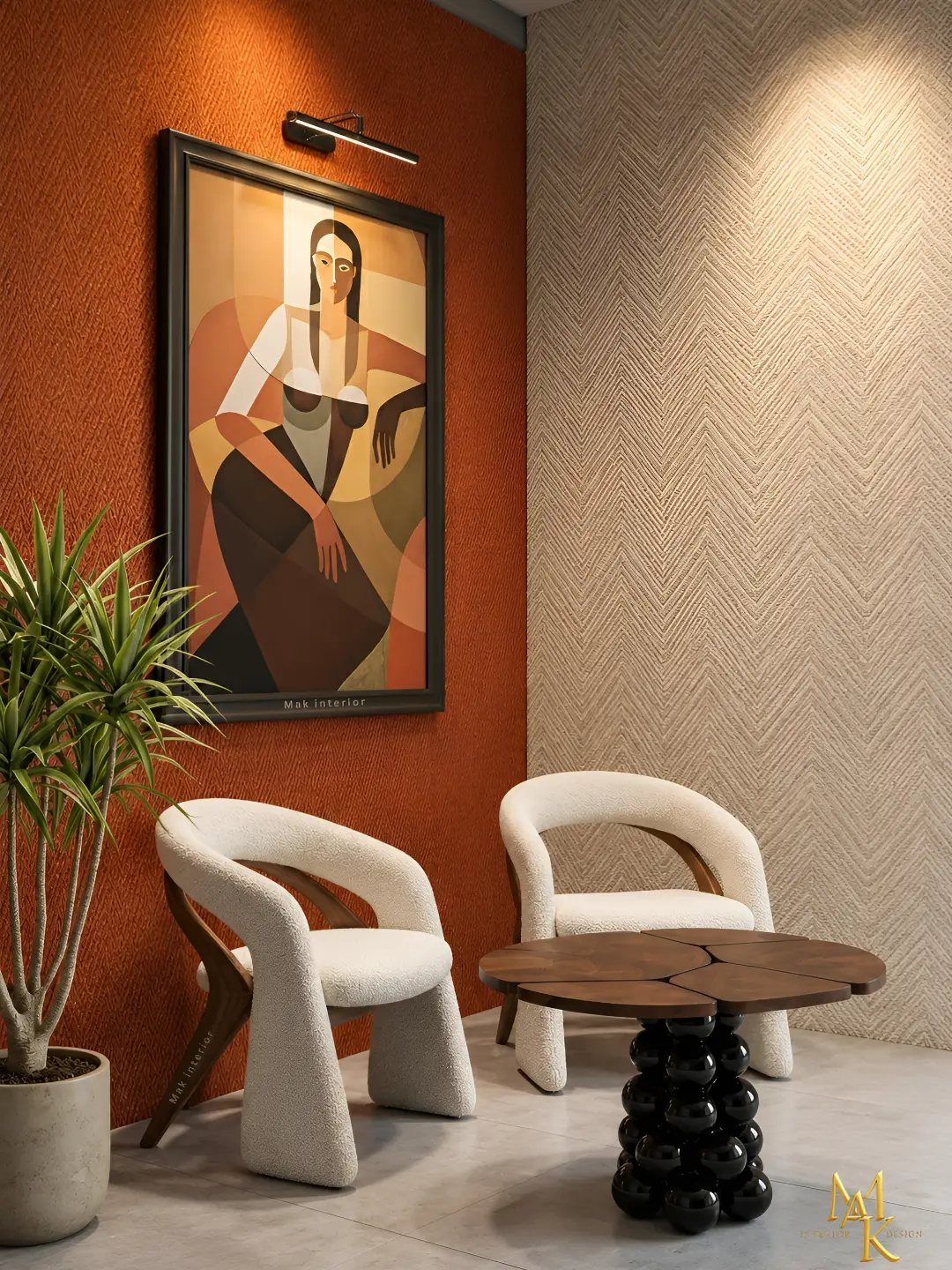 Two white boucle armchairs and a dark wood coffee table set against textured orange and beige walls.