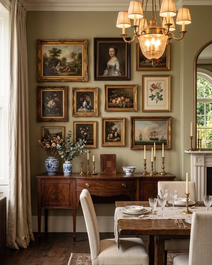 Framed paintings arranged in a gallery wall above a dark wood sideboard and dining table.