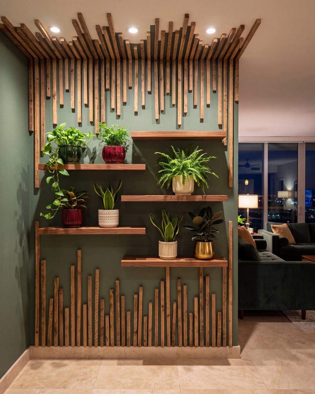 Vertical wooden slats and floating shelves with green plants on a dark green accent wall.