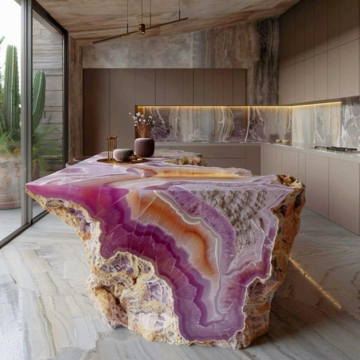 A massive purple and orange agate stone slab serving as a sculptural kitchen island.