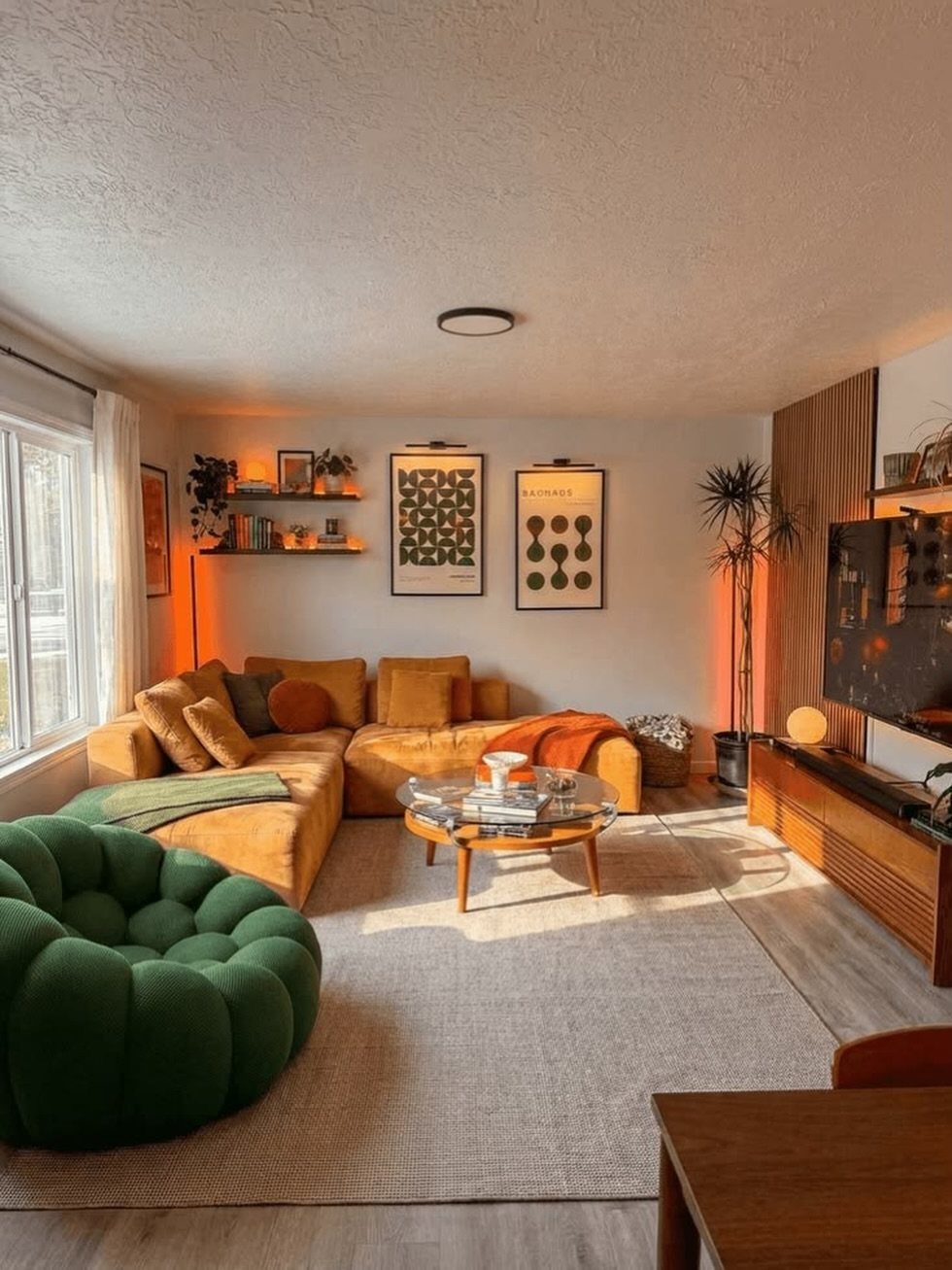Mustard yellow sofa and green velvet chair in a warm, glowy living room.