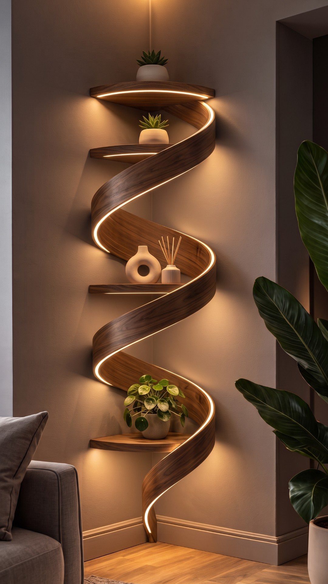 Spiral wooden wall shelf with glowing LED lights holding small plants and decorative vases.