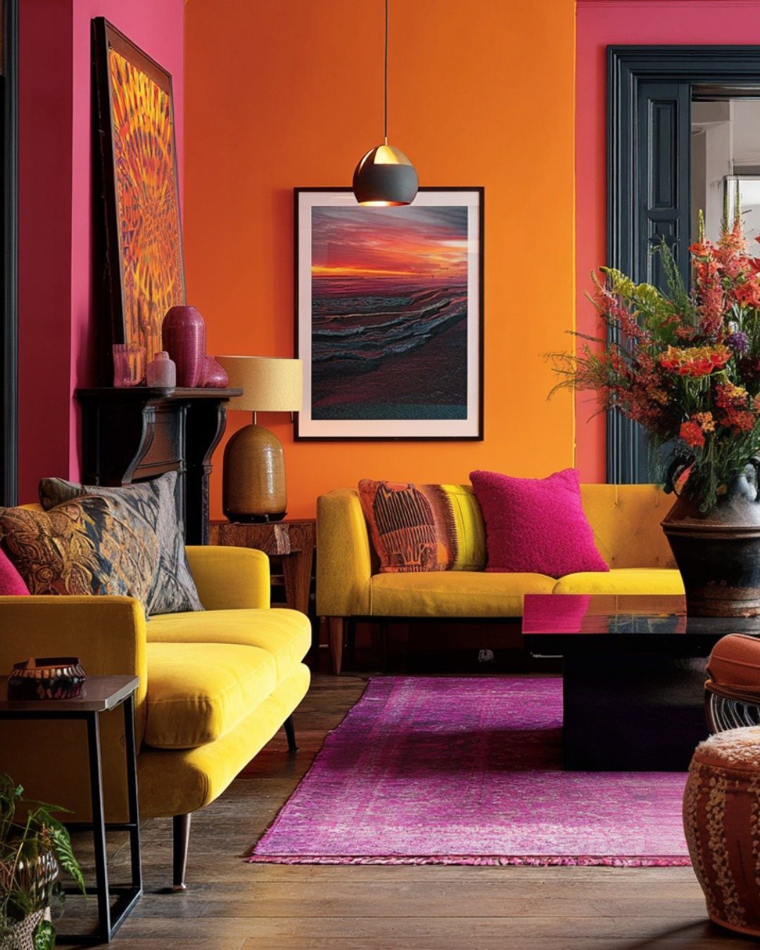 Vibrant living room with orange walls, yellow sofa, and a bright magenta area rug.