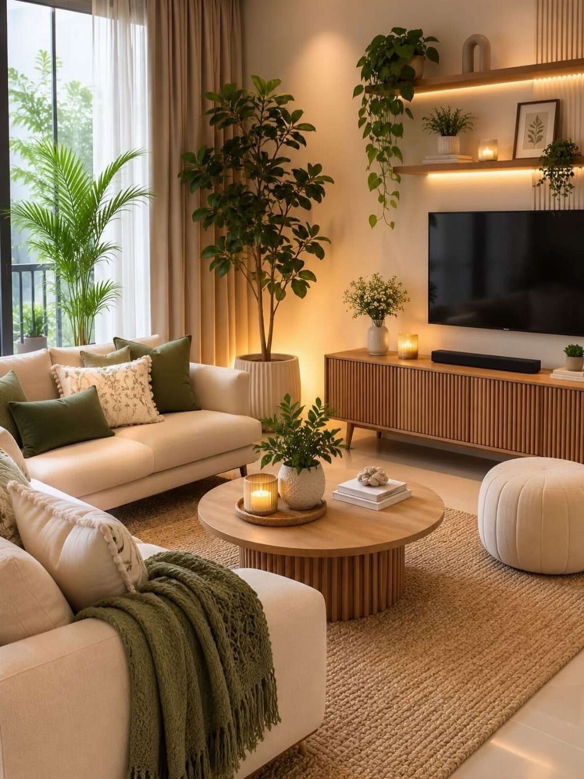 Cream sofas with olive green pillows and plants in a warm, modern living room.
