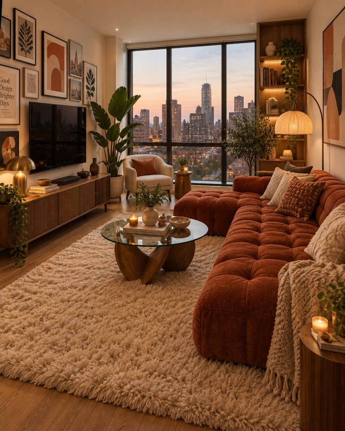 Terracotta velvet sofa and plush cream rug in a warm, sunset-lit living room.