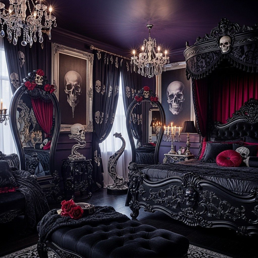 Ornate black carved bed with skull details and red velvet accents in a gothic bedroom.