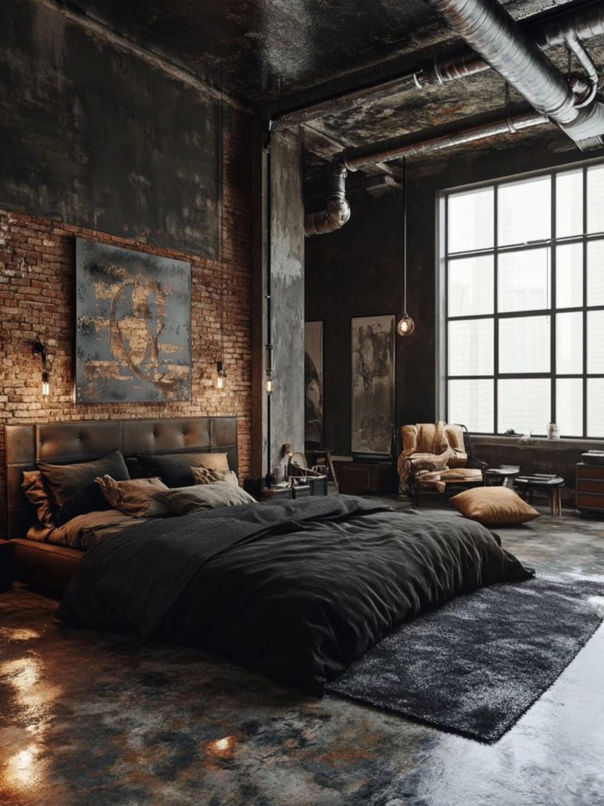 Dark industrial bedroom with exposed brick, concrete pillars, metal pipes, and a large black-framed window.