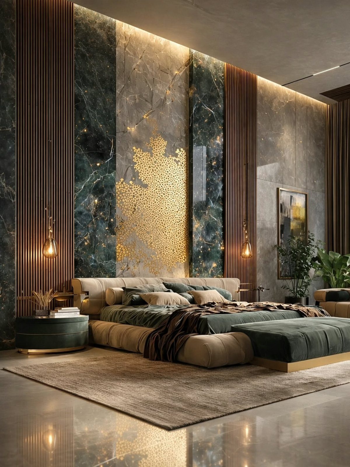 Luxurious bedroom with layered green bedding, marble walls, and gold leaf accents on a dark background.
