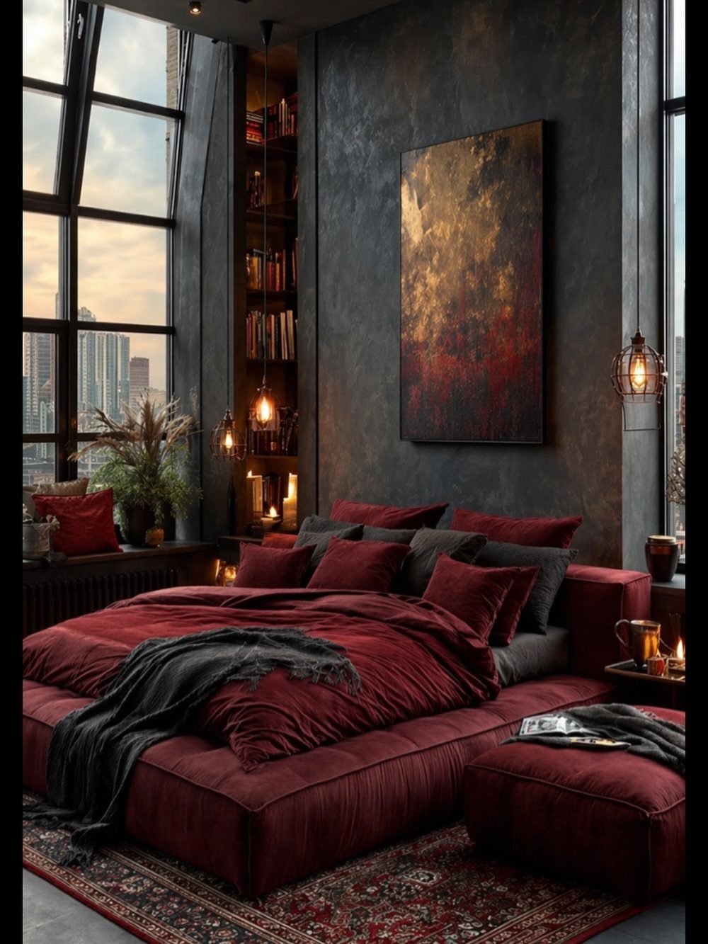 Crimson velvet bedding on a large bed against dark textured walls in a moody bedroom.
