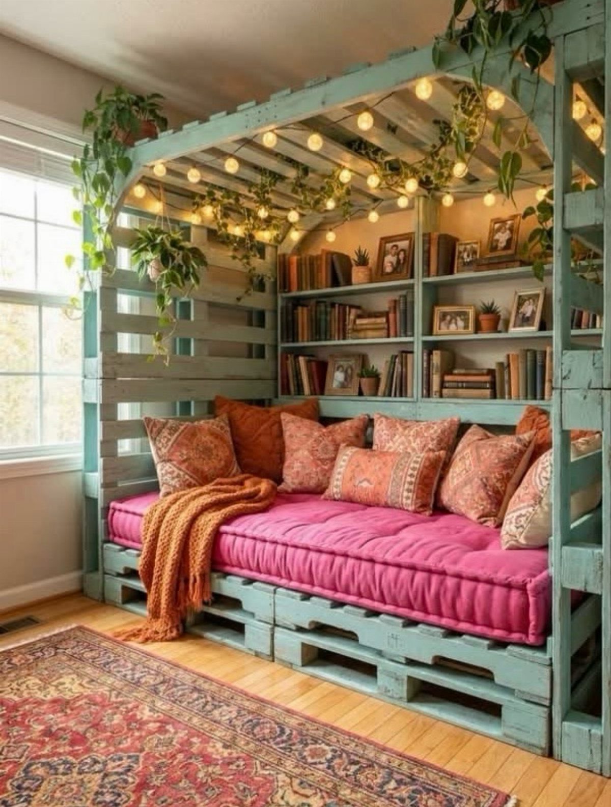 A DIY reading nook made of teal wooden pallets with pink cushions, orange pillows, and hanging plants.
