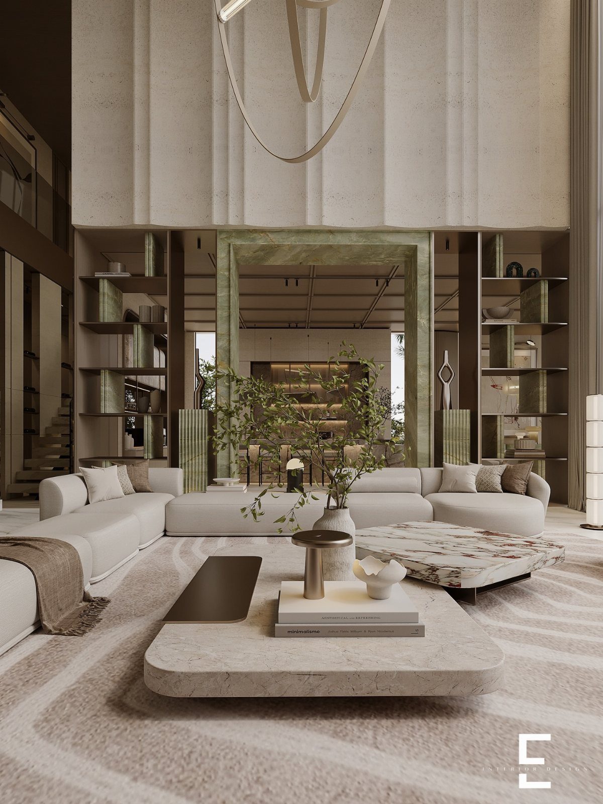 Modern living room with white sectional sofa, marble tables, and a large green marble archway.