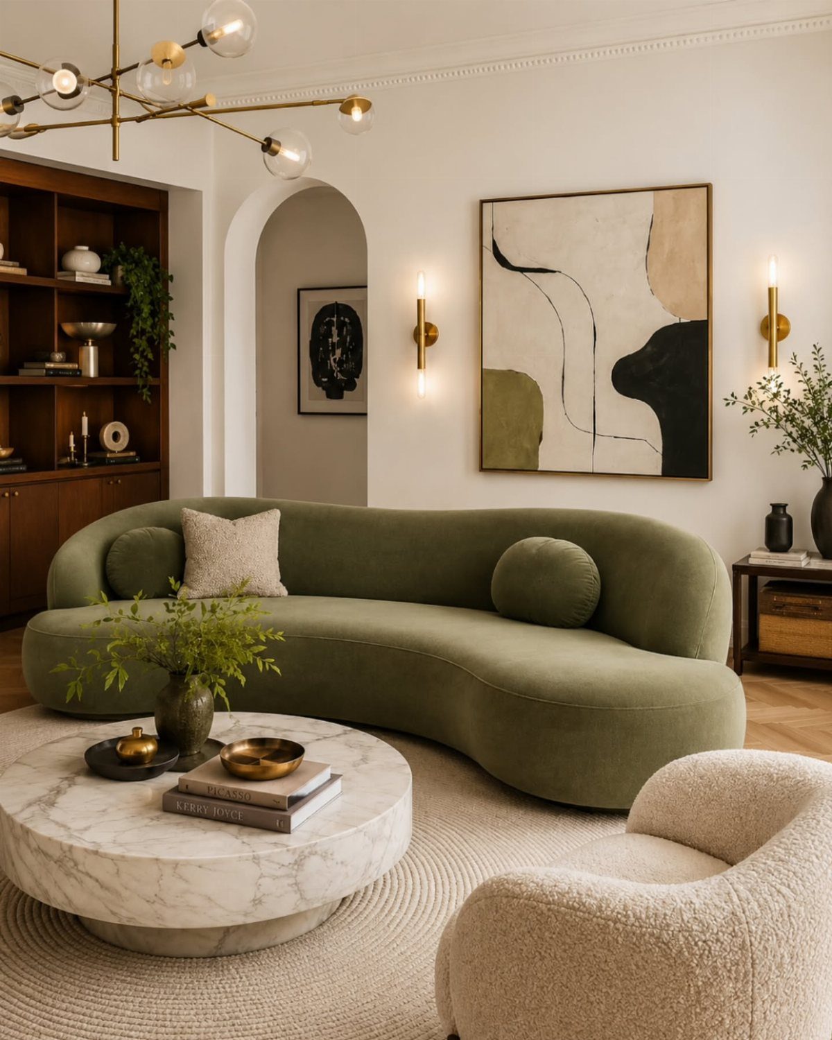 Olive green curved sofa in a modern living room with marble coffee table and abstract art.