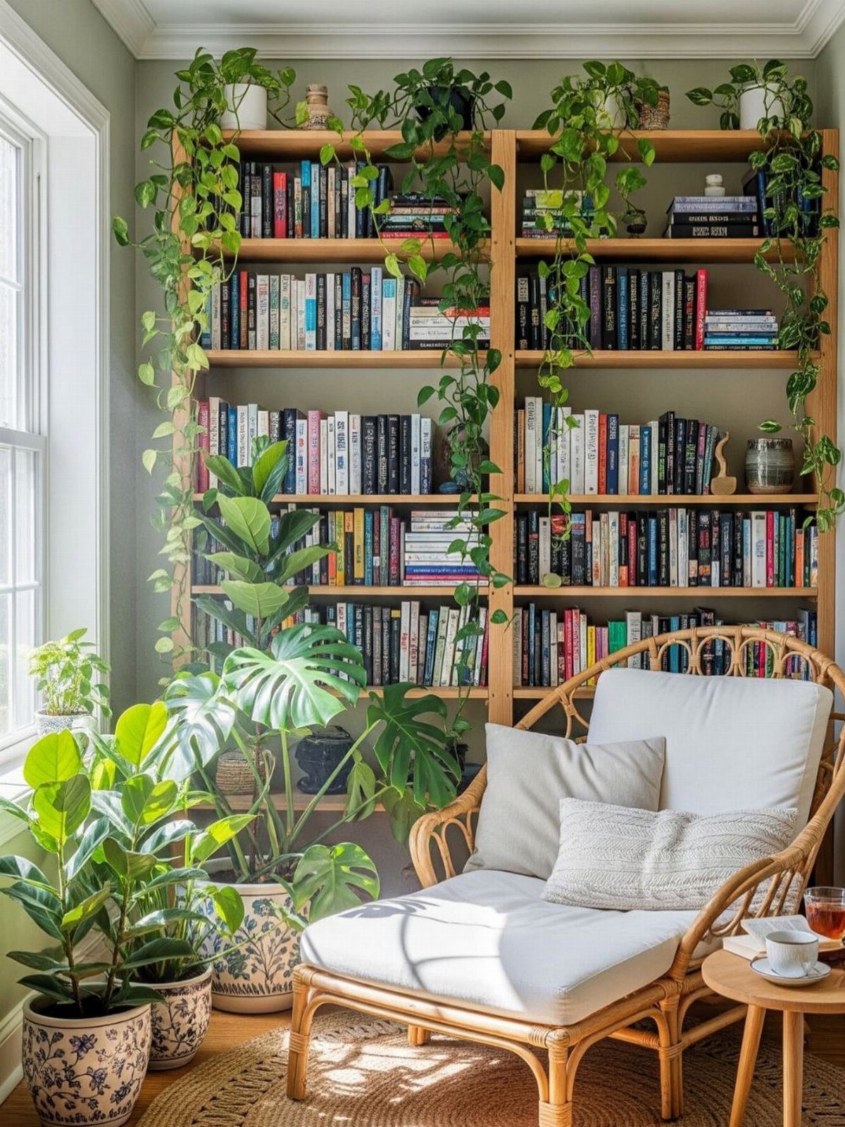 Rattan armchair with white cushions sits near large bookshelves and lush green houseplants.