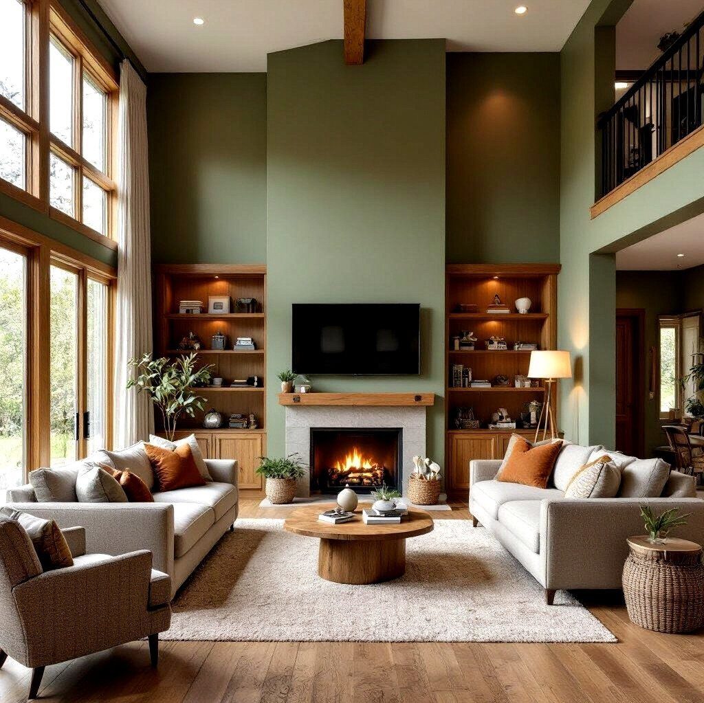 A cozy living room with olive green walls, gray sofas, a wooden coffee table, and a fireplace.