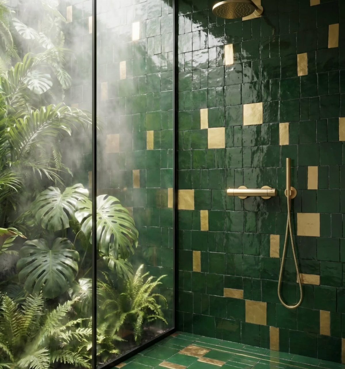 Dark green glossy tiles with gold accents and a gold shower fixture next to tropical plants.
