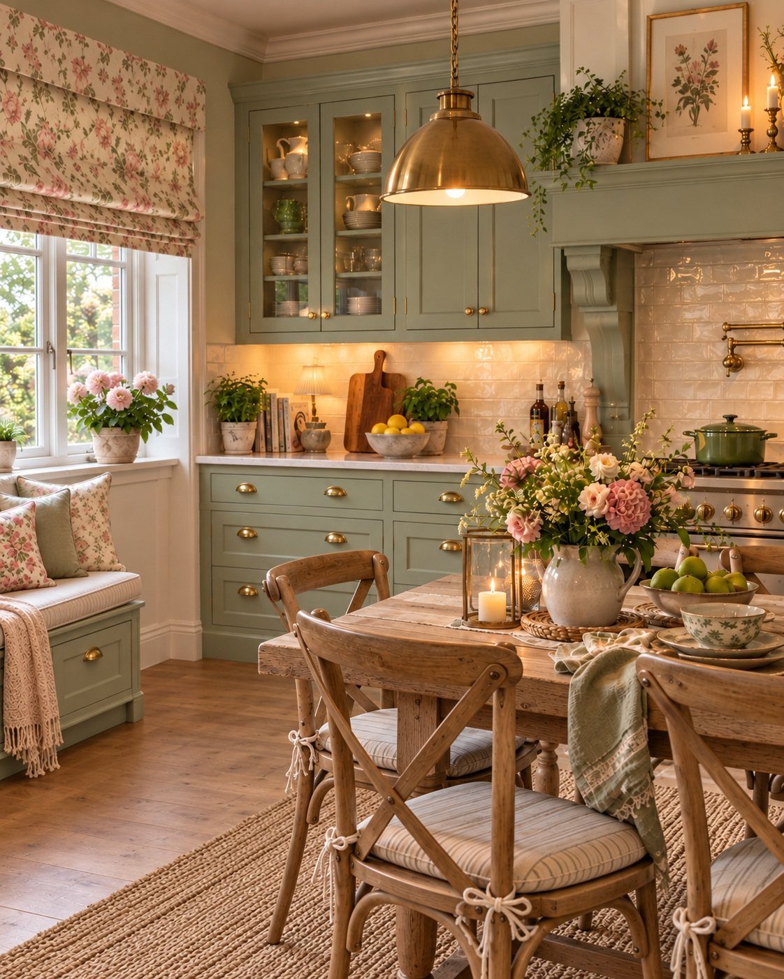 Sage green kitchen cabinets and a wooden dining table set with flowers and greenery.