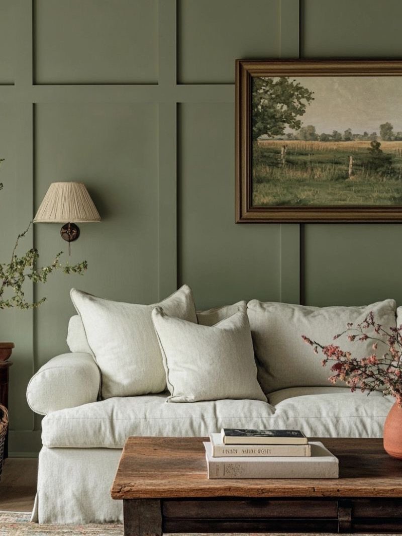 Cream sofa with pillows against a sage green paneled wall in a living room.