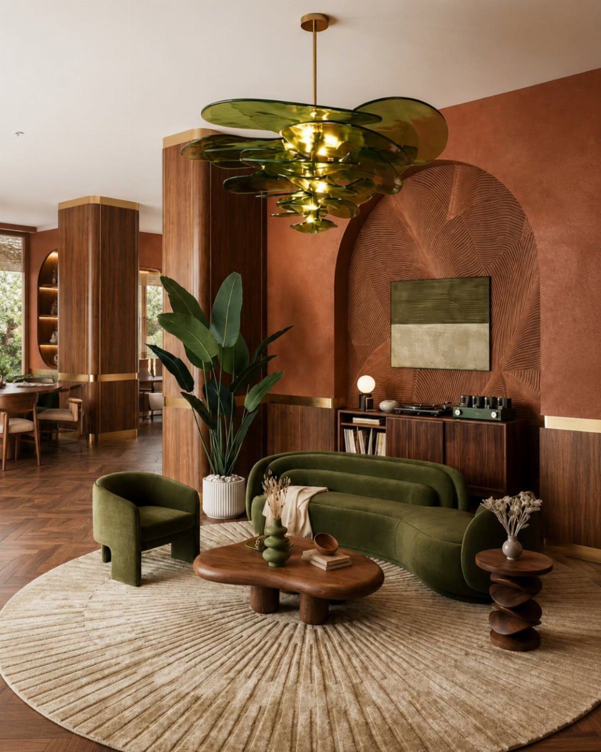 Green velvet sofa and armchair arranged on a circular rug in a terracotta living room.
