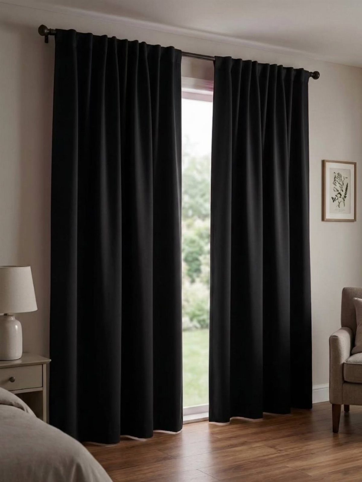 Black blackout curtains hanging on a rod over a glass door in a bedroom.