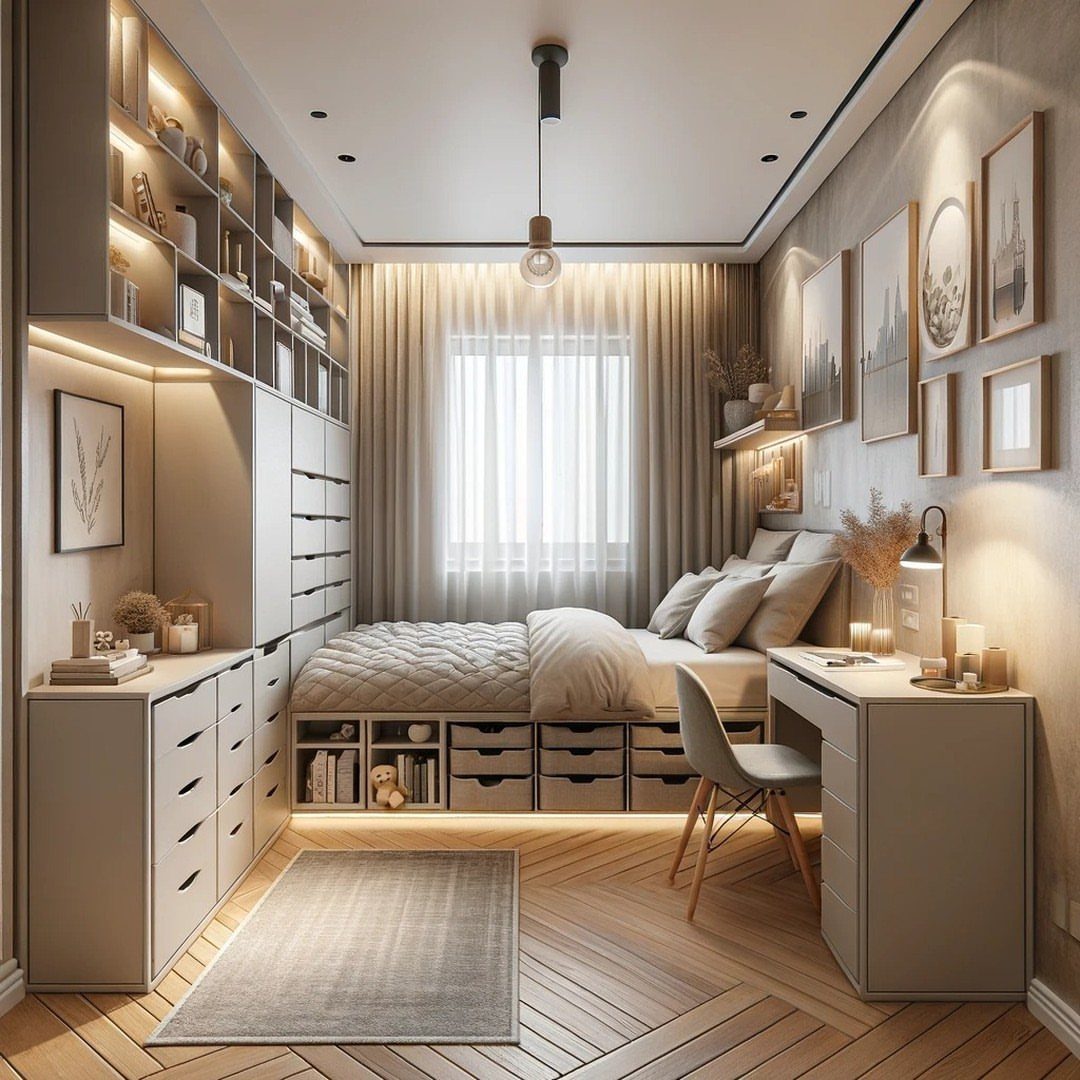 A compact bedroom with a platform bed, integrated storage drawers, a desk, and floor-to-ceiling shelving units.