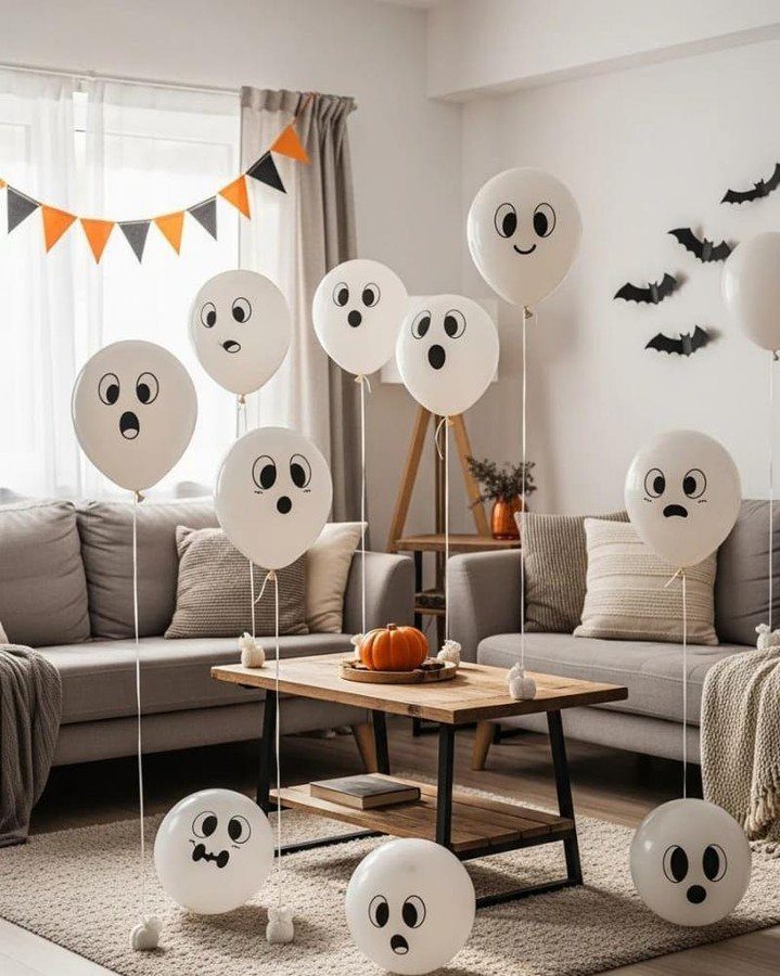 White ghost balloons float in a living room decorated with black bats and a small pumpkin.