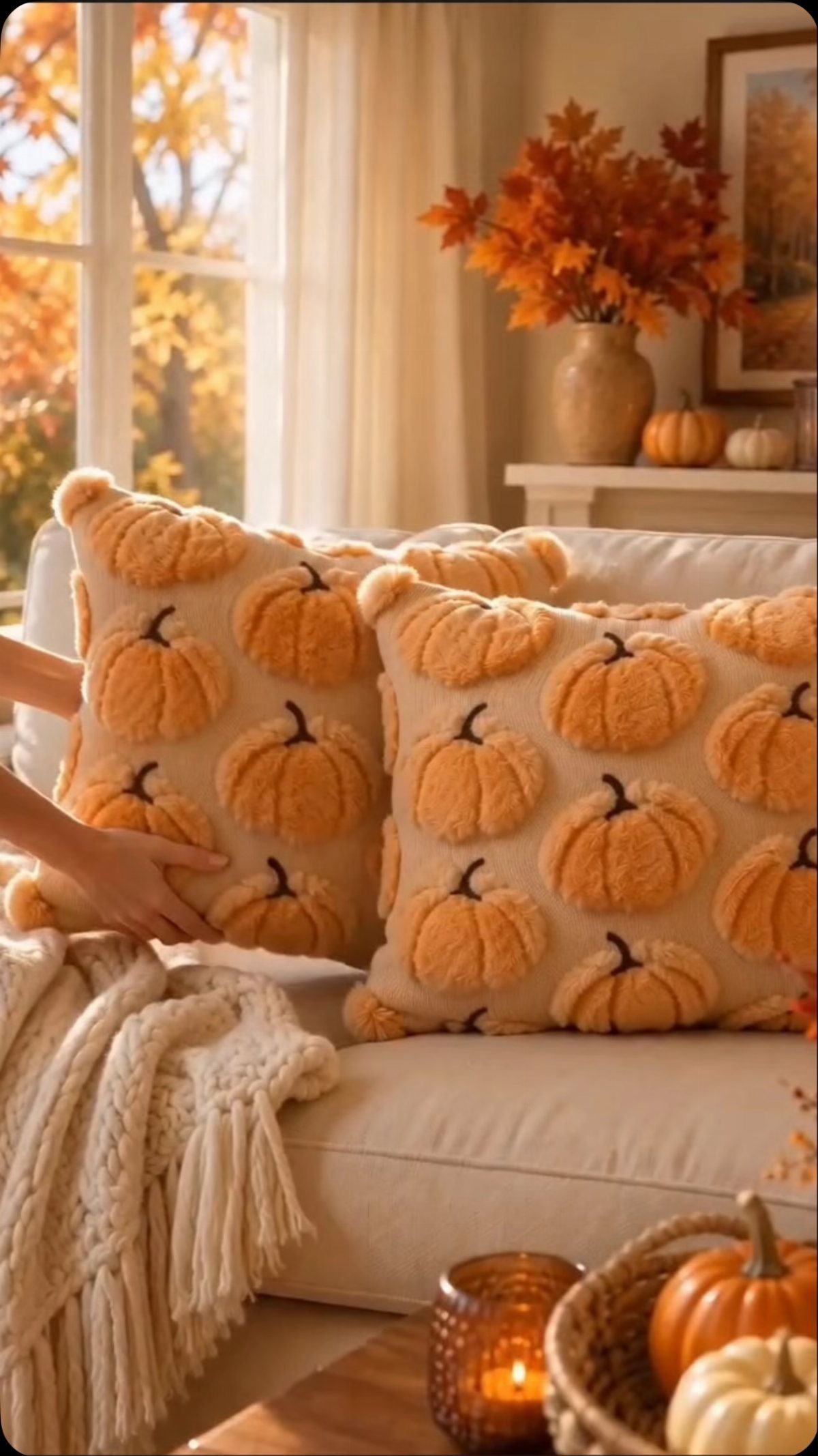 Hands adjusting two cream pillows with textured orange pumpkin patterns on a beige sofa.