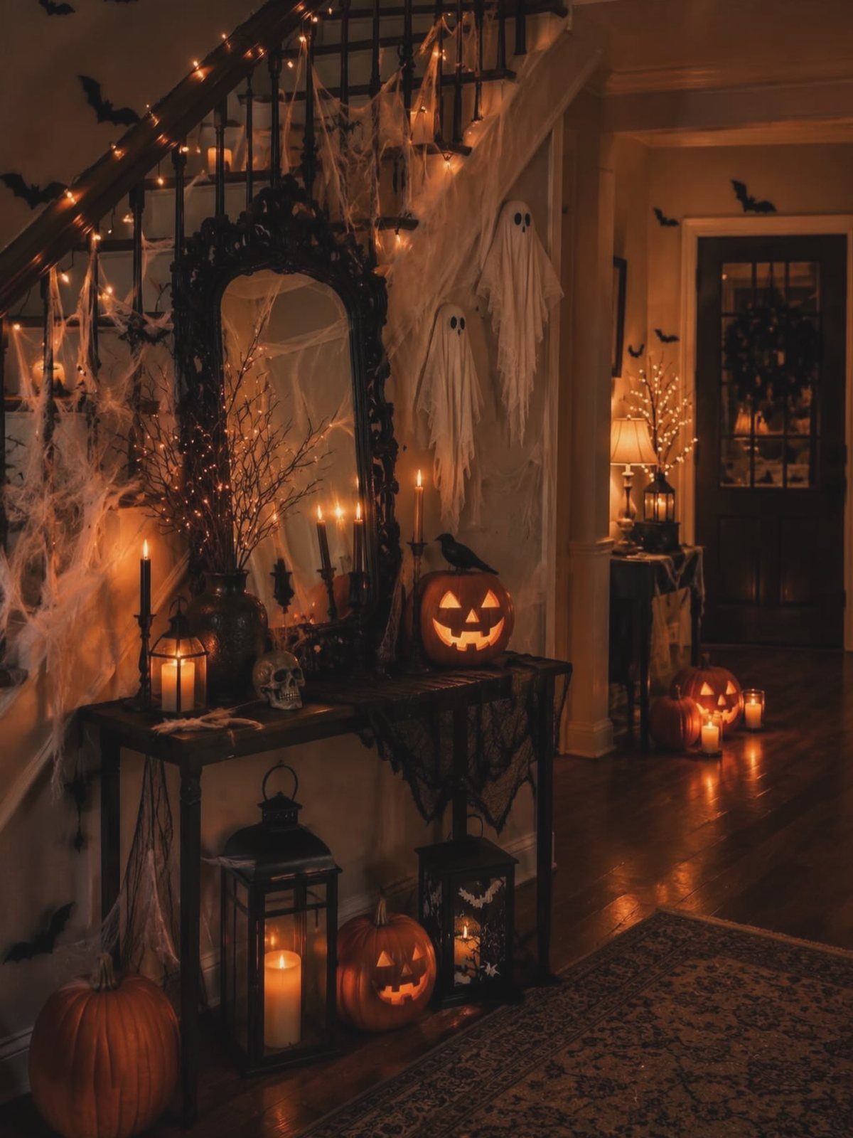 Halloween hallway decor featuring glowing pumpkins, lanterns, and candles with spooky ghosts and cobwebs.
