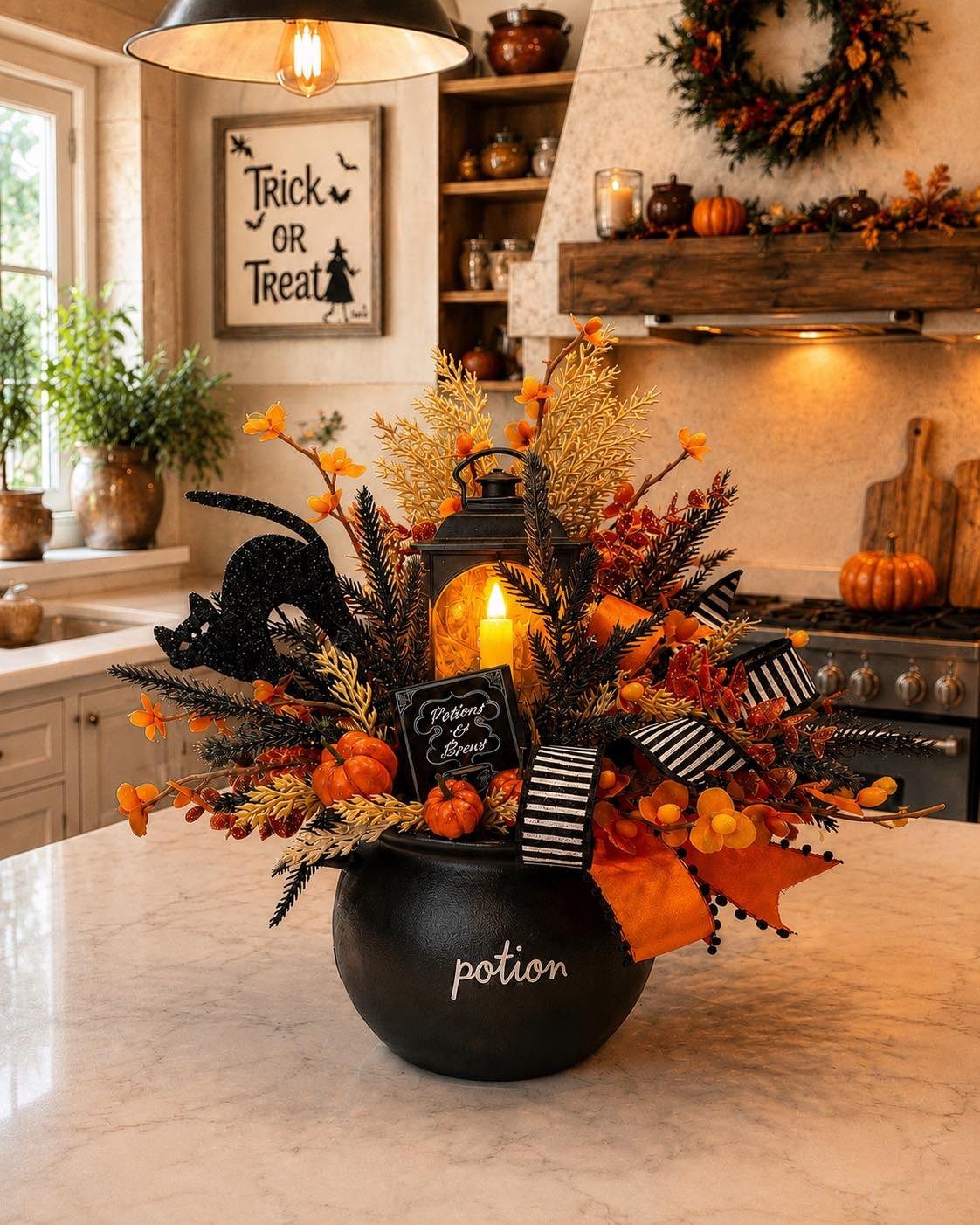 Black potion cauldron centerpiece with orange flowers, autumn leaves, and striped ribbons on a marble counter.