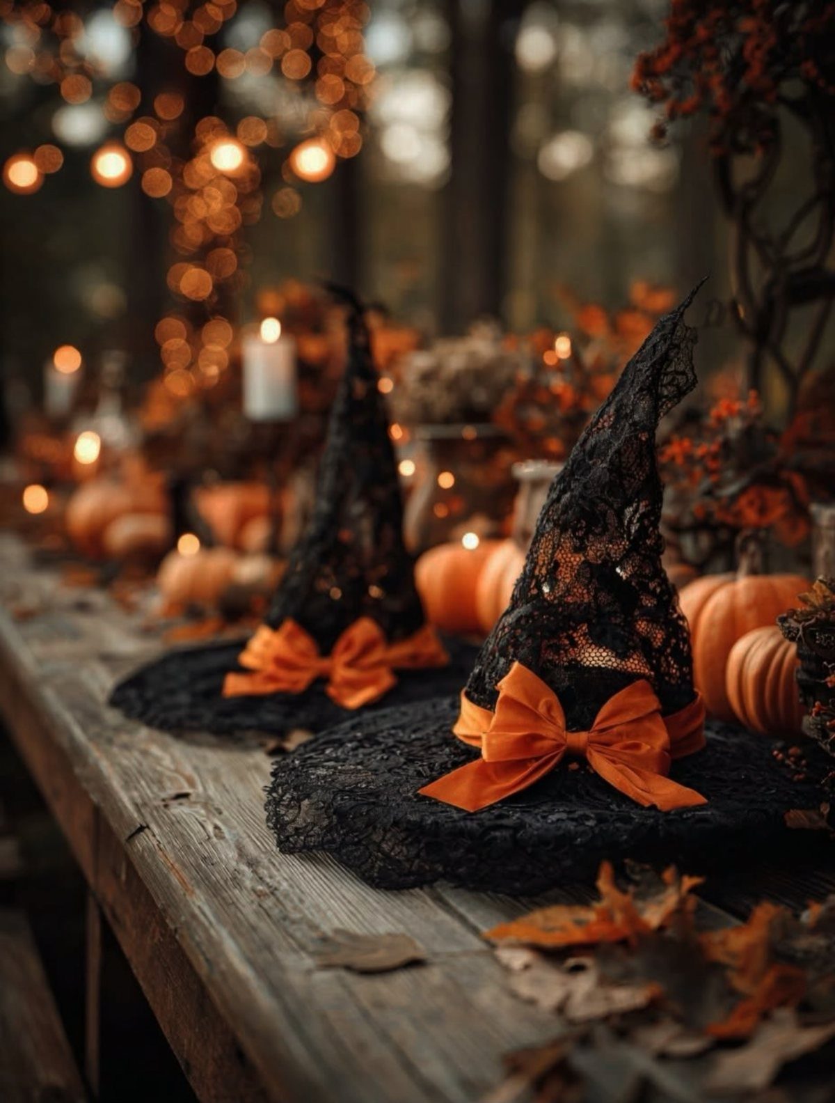 Black lace witch hats with orange bows resting on a rustic wooden table outdoors.