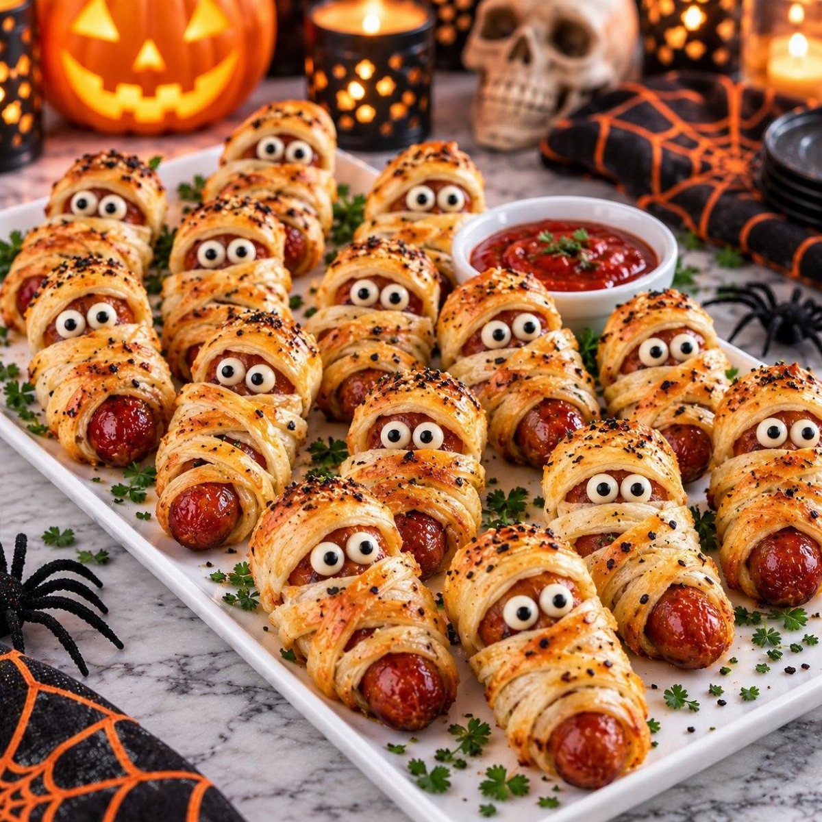 Mummy-wrapped sausage appetizers on a white platter with red dipping sauce and Halloween decorations.
