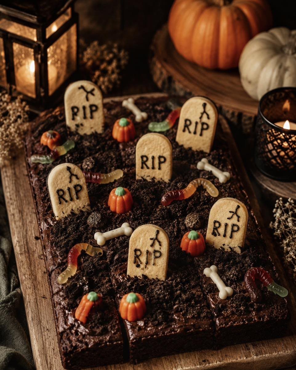 Graveyard themed brownies with RIP tombstone cookies, gummy worms, and tiny pumpkins on a wooden board.