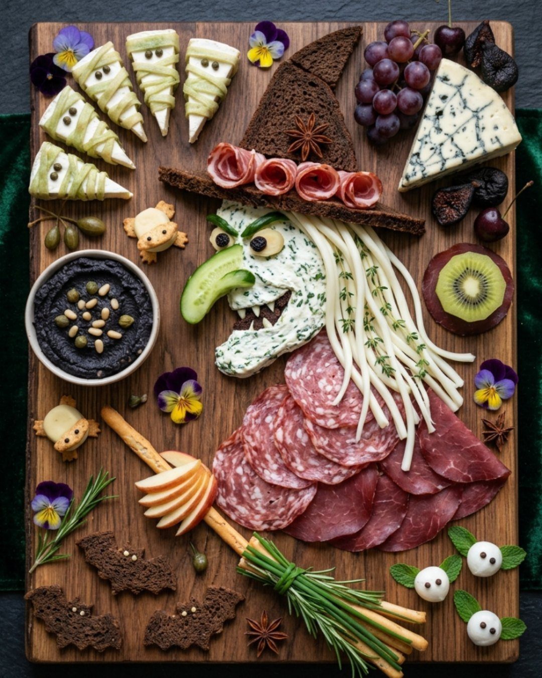 A wooden charcuterie board creatively arranged into the shape of a witch's face using meats, cheeses, and fruits.