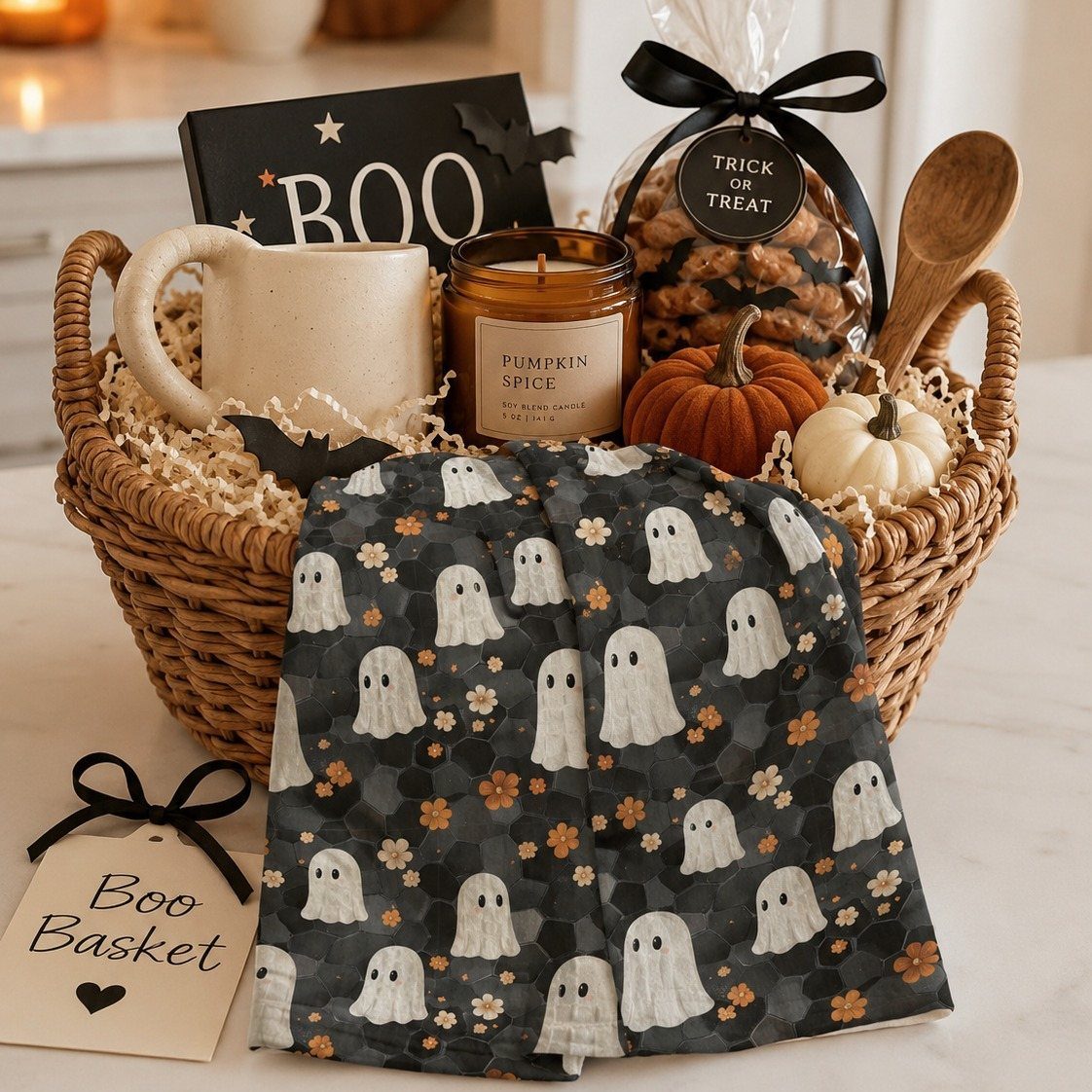 A wicker gift basket containing a ghost-patterned textile, pumpkin spice candle, and small pumpkins.
