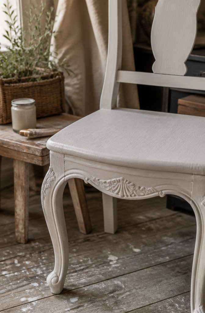 Vintage wooden chair painted with chalk paint, displaying brush strokes.