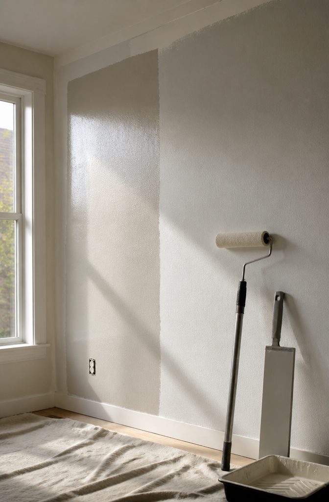 Wall with contrasting patches of dried and uncured paint textures.