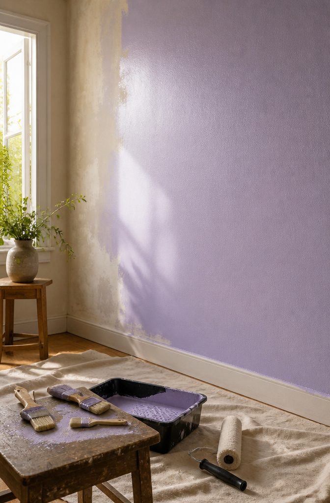 Section of lavender wall painted with latex paint and a paint tray.