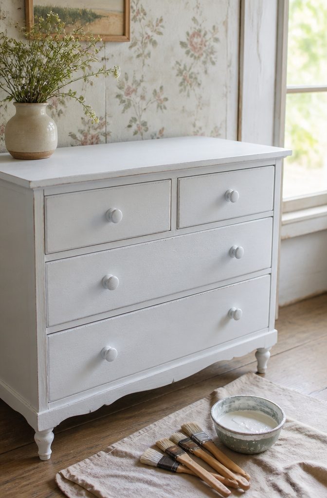 Wooden dresser painted with milk paint in a soft, matte white finish.
