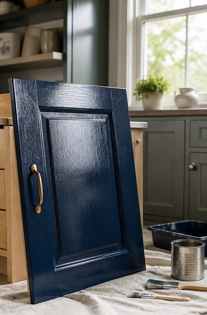 Navy blue cabinet door with a glossy oil-based paint finish.