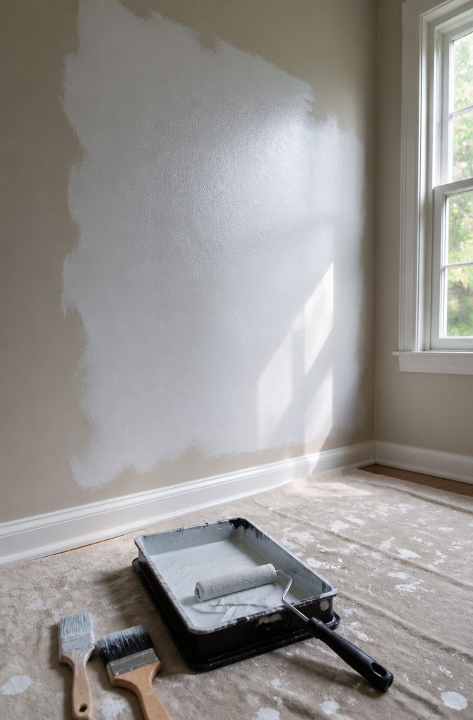 Wall section with gray primer applied, showing paint splatters on the floor.