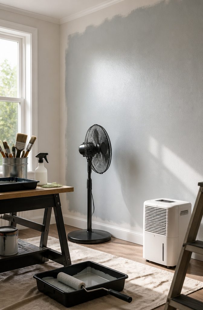 Wall with light paint and an oscillating fan for faster drying.