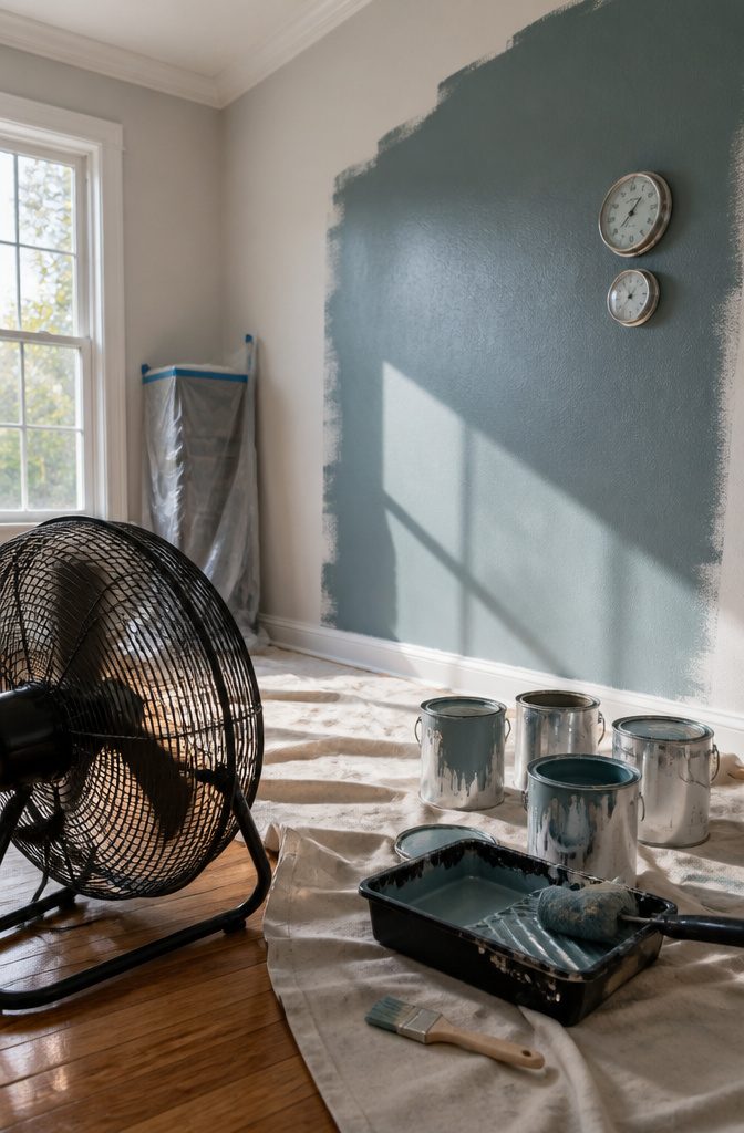 Room with a painted wall and a fan for improved air circulation.